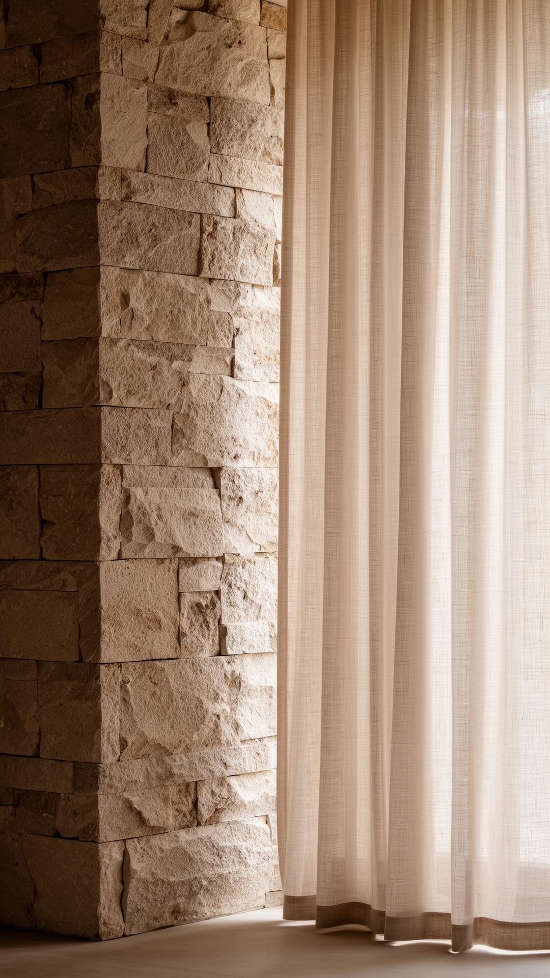 Stone wall and linen drapery